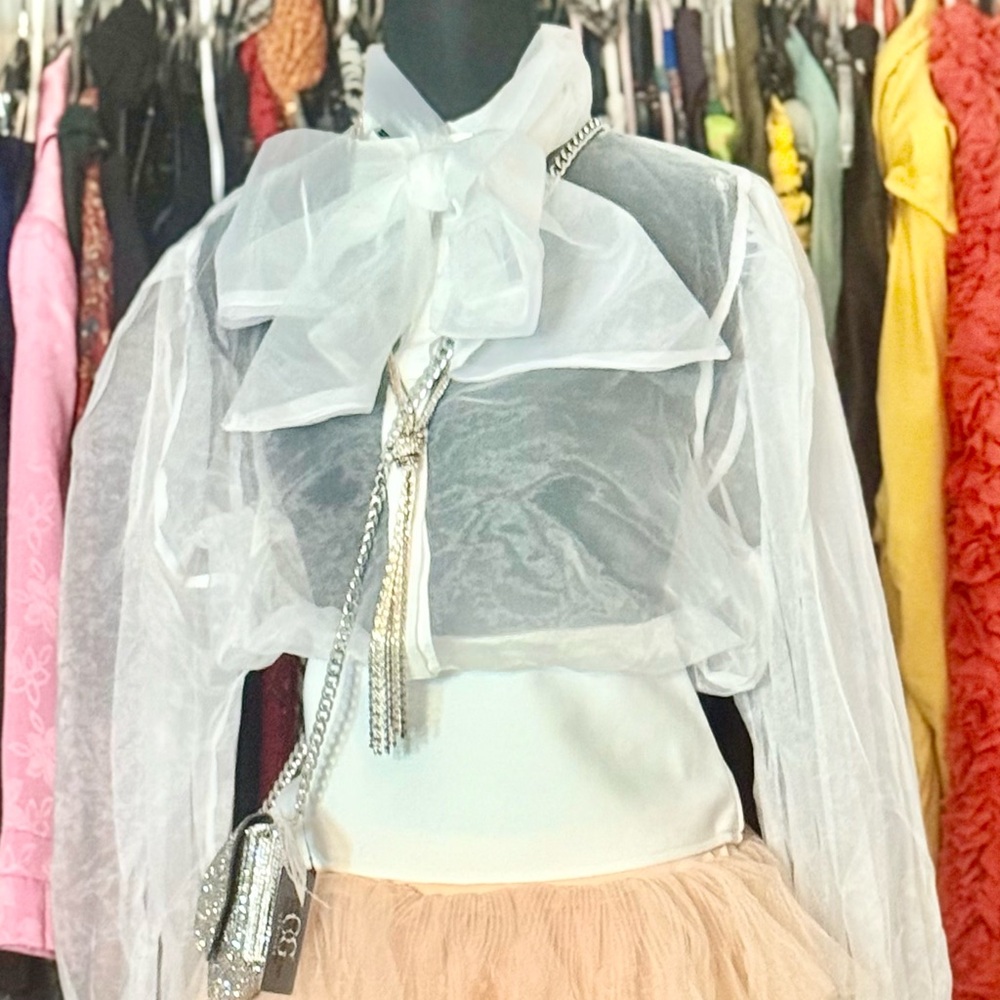 AKIRA White Sheer Organza Bow-Tie Cropped Blouse